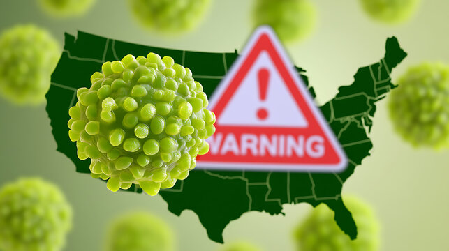 A conceptual medical illustration showing a dangerous green virus cell with a warning sign over a country map background for health crisis