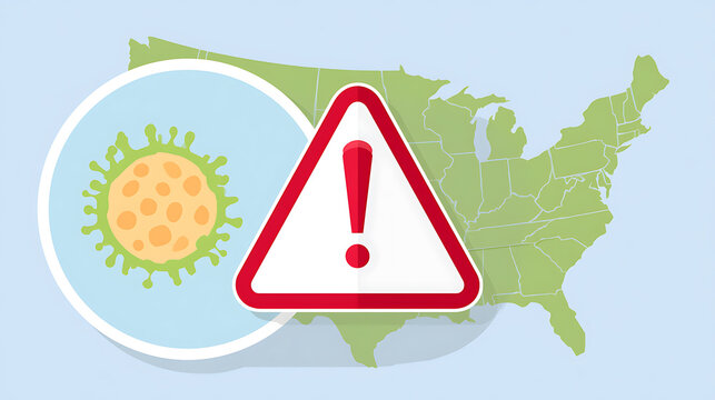 A conceptual vector graphic showing a coronavirus warning sign positioned over a map of the United States, representing health crisis and dise