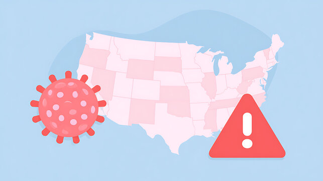 A vector illustration showing a coronavirus cell and a warning sign in front of a map of the United States representing public health