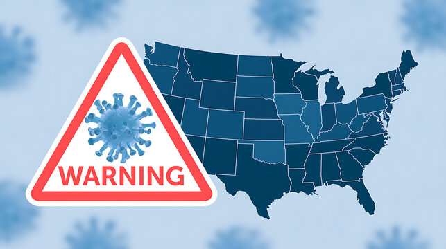 United States map with a coronavirus warning sign and virus cells in the background, representing a national pandemic health crisis concept