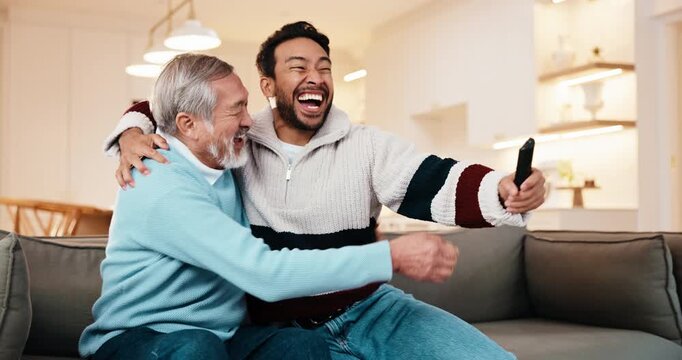Hug, sports and man with senior father in home with watching game for bonding together. Happy, love and adult son with elderly dad for streaming tournament in living room with winning in house.