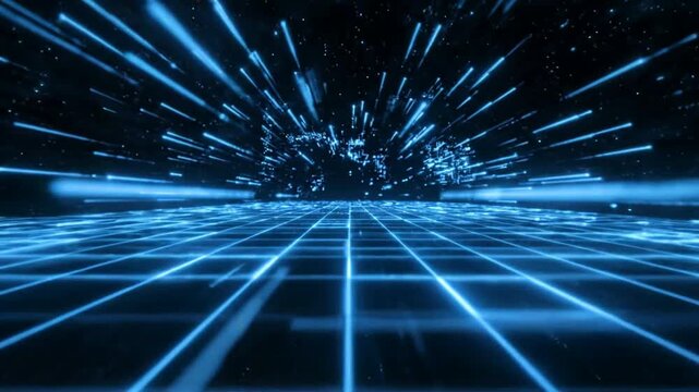 Futuristic neon blue digital grid tunnel with high-speed light streaks and data flow motion background