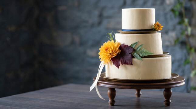 Three-tiered wedding cake with rustic fall decorations on wood stand  