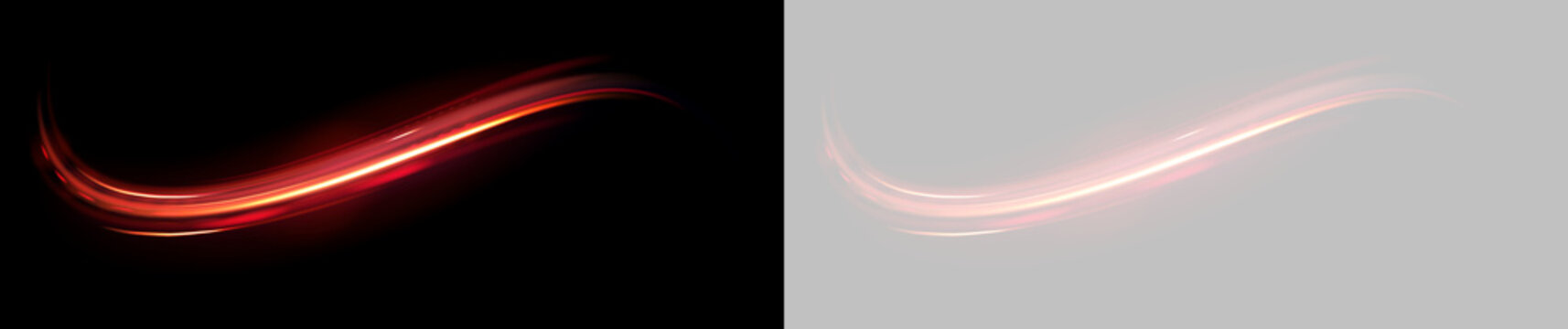 A vibrant red light streak creates an elegant, flowing curve across a black background. The glow is intense and gradually softens at the edges with a smooth, dynamic motion.