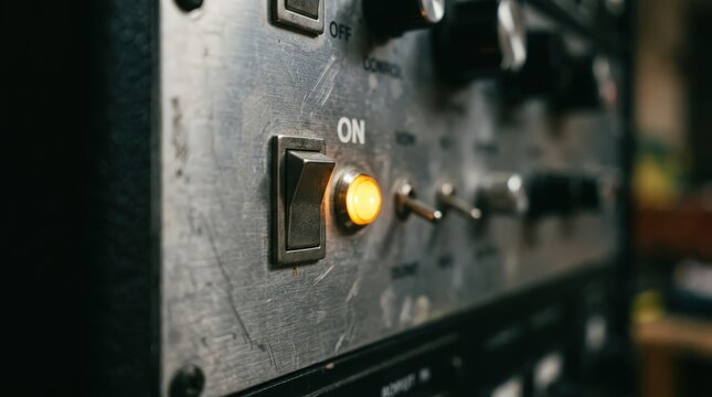 Close Up of Vintage Analog Audio Control Panel with Glowing Power Light and Metallic Toggle Switches