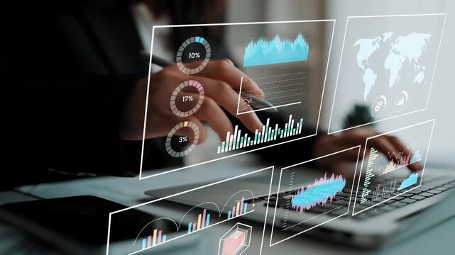 Professional businesswoman analyzes digital data visualizations on a laptop in a modern office environment, showcasing technology and analytics skills Gluon.