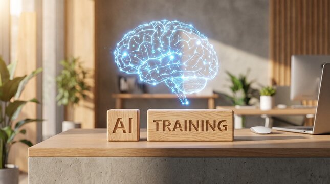 Modern workspace with holographic blue brain above wooden blocks labeled &ldquo;AI TRAINING&rdquo;&mdash;symbolizing machine learning, innovation, and human‑tech synergy.