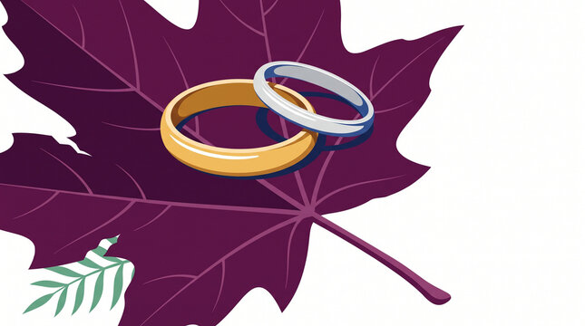 Wedding rings resting on a vibrant autumn leaf  