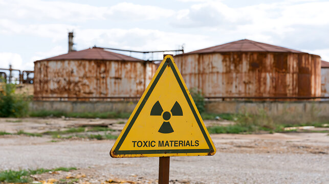 A warning sign about toxic materials and radiation hazard standing in front of industrial rusty storage tanks at abandoned factory location
