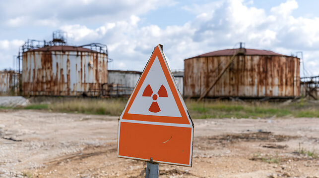 A prominent orange and white triangular radioactive hazard warning sign stands in front of abandoned rusty metal industrial tanks under a sky