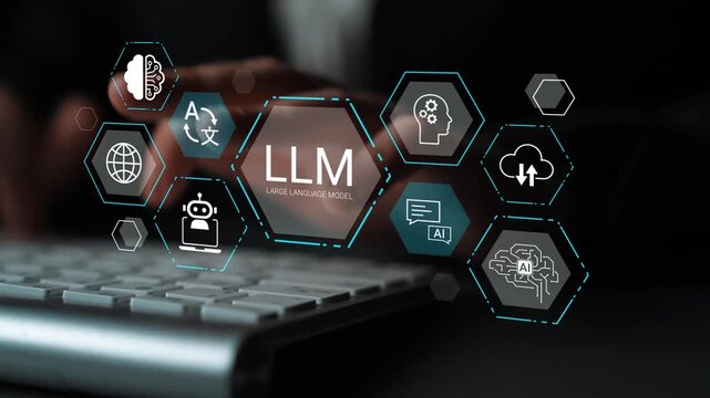 Hands typing on keyboard with icons representing large language model technology and artificial intelligence innovations in modern digital workspace Gluon.