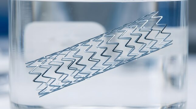 Medical coronary stent device made of metallic mesh material submerged in clear liquid for surgical cardiovascular procedures and vascular health