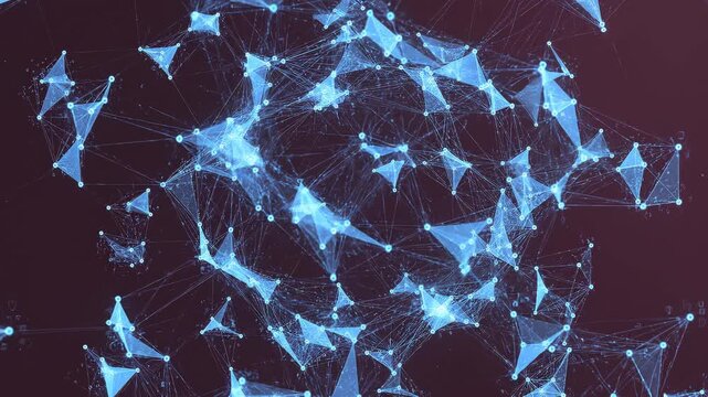 Abstract network of glowing blue triangles forming and dissolving in dark space during a gentle cinematic motion