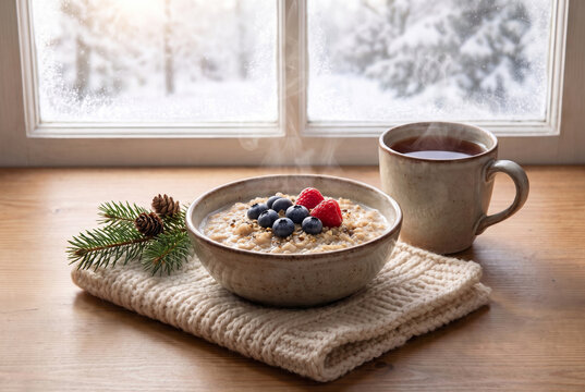Cozy winter breakfast with oatmeal, berries, and hot tea on a knitted napkin beside a snowy window. Healthy morning lifestyle and seasonal comfort concept.