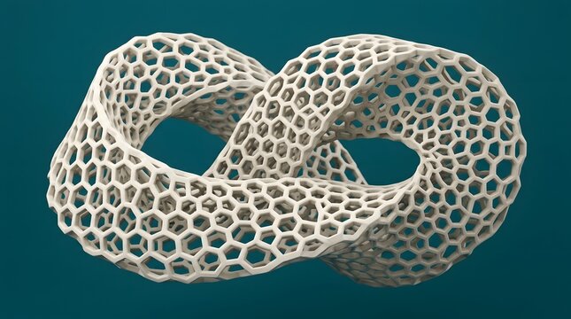 Intricate white geometric torus structure featuring a complex repeating honeycomb lattice pattern created with detailed three dimensional digital modeling techniques