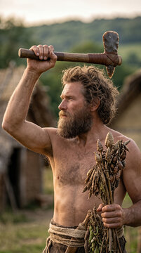 Prehistoric caveman holding stone axe and harvested plants in settlement