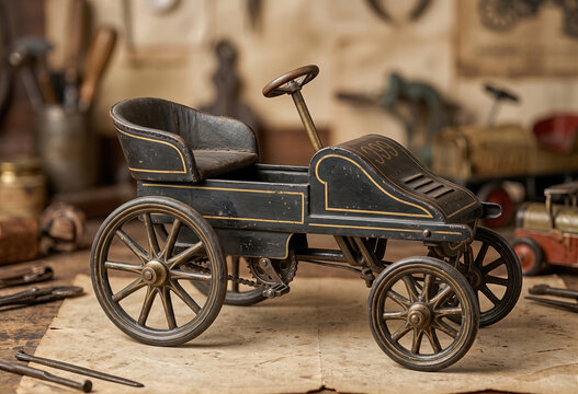 Vintage toy car model on a workshop table with tools