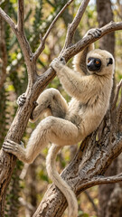 Fototapeta premium Verreaux's sifaka, Propithecus verreauxi, clinging to tree branch in Madagascar forest
