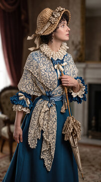 Elegant Regency era woman in vintage 19th-century blue dress holding parasol