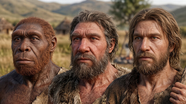 Evolution of human from early hominid and neanderthal to modern man comparison portrait