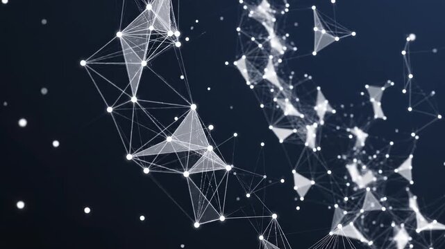 Abstract network structure evolving with light particles in deep space during a cinematic camera sweep