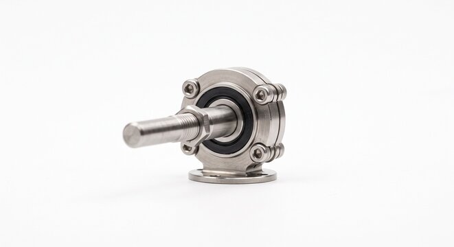 Macro of wind turbine anemometer bearing pivot. Micro-machined stainless steel shaft and low-friction hub. Meteorological renewable energy hardware isolated on white.