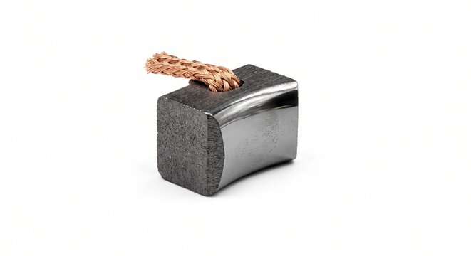 Macro of a wind turbine generator slip ring carbon brush. Dense graphite block with polished contact surface and braided copper shunt for electromechanical power transfer.