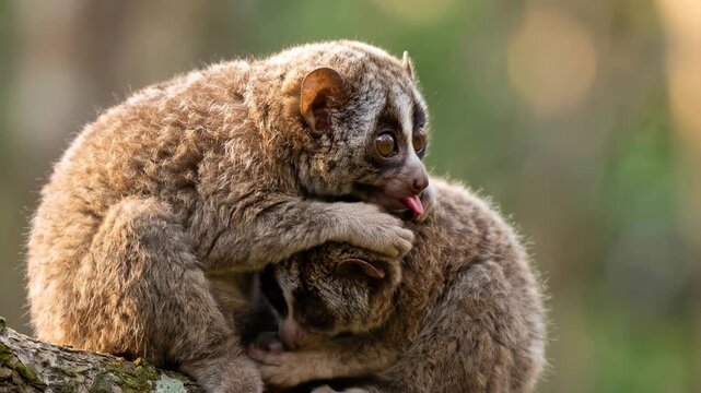 two lorises close up at morning light in southeast asian tropical forest video
