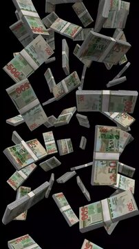 Vertical Azerbaijan Money, Falling Azerbaijani Manat Bills Black Background, Premium Caucasus Baku Finance Cash Stacks, 4K