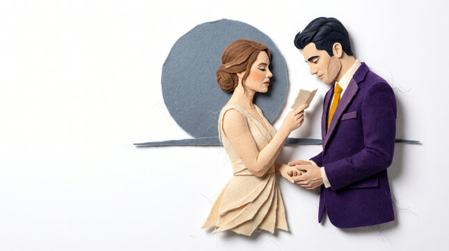 Couple exchanging vows at sunset in a paper art style  