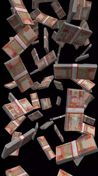 Vertical Cayman Islands Money, Falling Cayman Islands Dollar Bills Black Background, Premium Offshore Finance Cash Stacks, 4K