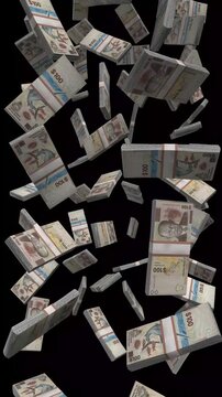 Vertical Bahamas Money, Falling Bahamian Dollar Bills Black Background, Premium Caribbean Nassau Finance Cash Stacks, 4K