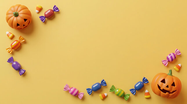 Cute Halloween pumpkins and colorful wrapped candies arranged in a border on a yellow background with copy space for text
