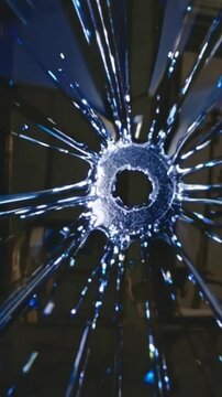 Fractured glass with cracks, High speed photograph of glass shattering with detailed cracks, Closeup of shattered glass radiating cracks and central impact point captured in high detail