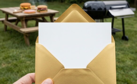 Golden Envelope with White Card Held in Hand at Outdoor BBQ for Marketing Concept