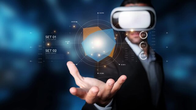 A business professional uses virtual reality technology to interact with innovative data visualizations and graphics, embodying the future of digital engagement in modern workspaces. Raster