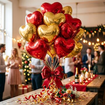 A magnificent bunch of red and gold heartshaped foil balloons stands on a wooden table in a celebratory room