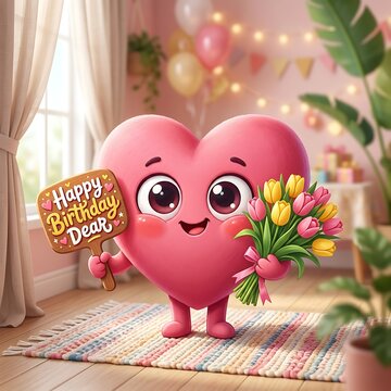 Cute cartoon heart character holding a happy birthday sign and a colorful tulip bouquet indoors