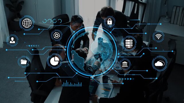 Professional Team Collaborating on Digital Strategy in Modern Office Incorporating Global Networks and Tech Icons for Business Solutions. Entropy.