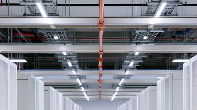 Modern server room interior with organized cabling systems, overhead ventilation ducts, bright LED ceiling fixtures, and secure server racks