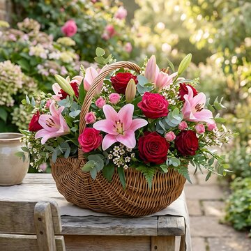 Beautiful wicker basket filled with fresh pink lilies and red roses outdoors in a garden setting