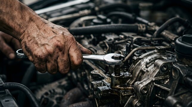 Dirty hands of a mechanic using a wrench to repair a car engine
