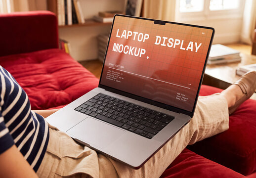 Woman Using Laptop Screen Mockup At Home Lifestyle Device Presentation