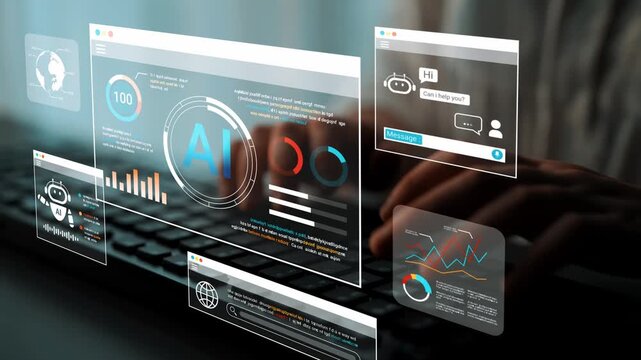 Futuristic User Interface with Data Visualization, AI Interaction, and Virtual Communication on a Digital Screen Background Gluon.