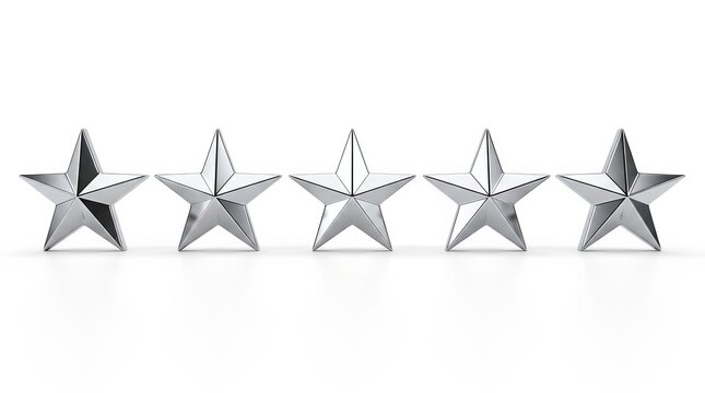 Five metallic five-pointed stars in a row against a white background.