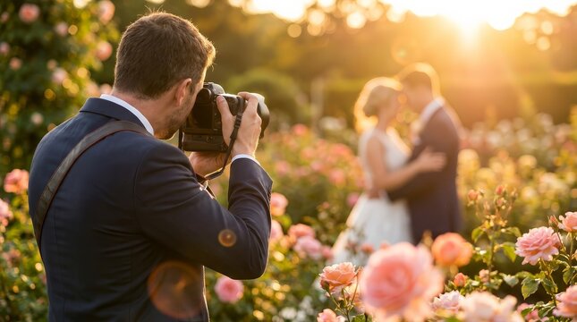 Professional male photographer with a camera shoots a romantic bride and groom in a lush rose garden at sunset.