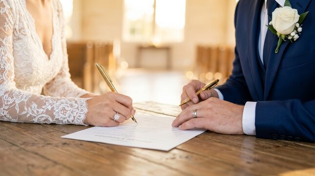 Newlywed couple signs marriage certificate on their wedding day.