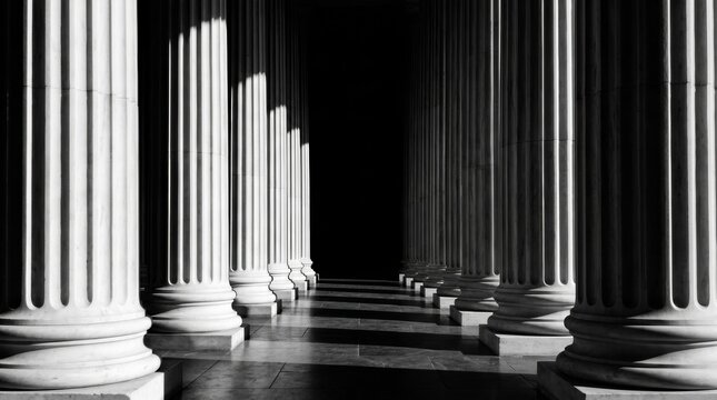 Classical white columns receding into dark shadows with sunlight on a tiled floor.