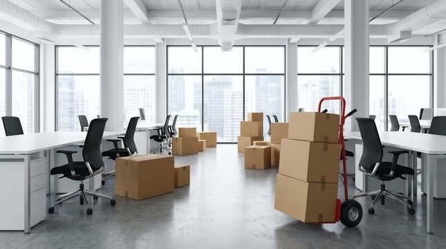 Cardboard boxes in a new open space office during relocation