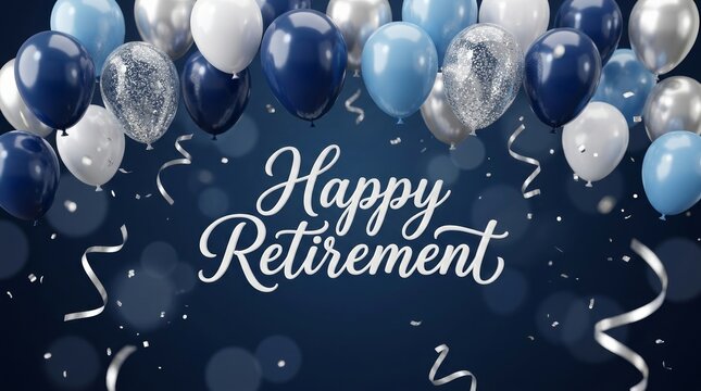 Happy Retirement message with blue and white balloons and sparkling confetti.